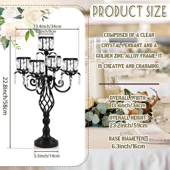 23.2 inch Tall Elegant and Chic 5 Arm Pendant Crystal Candlestick Holder Table Decoration tealight Candle Holder, Candelabra for Gorgeous Wedding/Parties Table Centerpiece (4, Black)