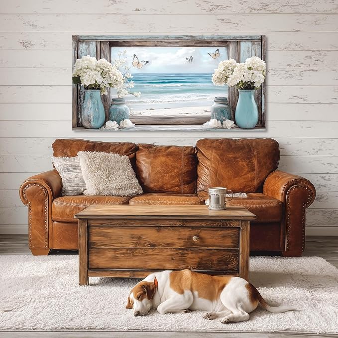 Ggaafet Beach Window Wall Art for Living Room Canvas Painting Prints Romance Flower Floral Art Deco Romantic Artwork Office Bedroom Family Room Decor Large