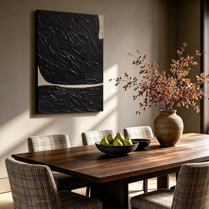 Large Textured Abstract Canvas Wall Art, Modern Minimalist Black Wall Decor | Hand-Painted Vertical Oil Painting Artwork for Living Room Bedroom Office, 28x40 In Original Neutral Home Decor Gifts