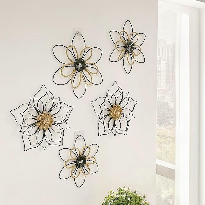 Remenna Metal Flowers Wall Decor, Metal Rustic Wall Art Decoration Farmhouse Wall Decorations Multiple Floral Hanging Decor for Bathroom Living Room Home Office Garden Kitchen (Black -2)