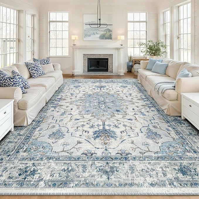 RELEANY Area Rugs 10'x12' Washable Non-Slip, Floral Vintage Distress Print Pattern Medallion Carpet for Living Room Bedroom Dining Room, Light Blue Navy Beige Gray White