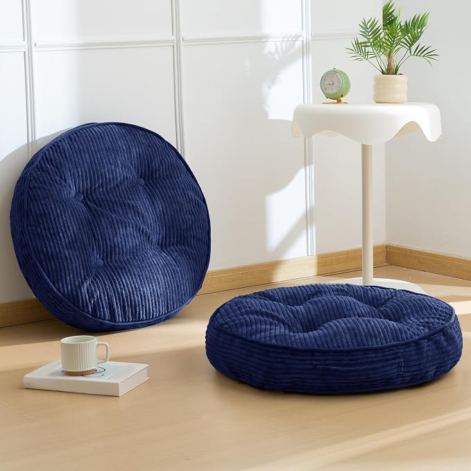 HIGOGOGO Floor Pillow Cushion for Adults, Meditation Cushion Pillow, Large Round Floor Sitting, Tufted Corduroy Cover, for Tatami Living Room or Yoga, 22x22 Inch, 2Pack, Navy