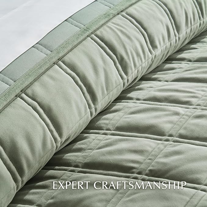 EVERGRACE 3 Pieces Luxurious Velvet Quilt King Size, Ultra Soft Bedspread Coverlet Set, Double Box Stitch Lightweight Velvet Comforter for All Season with 2 Shams, Sage Green, 108"x96"
