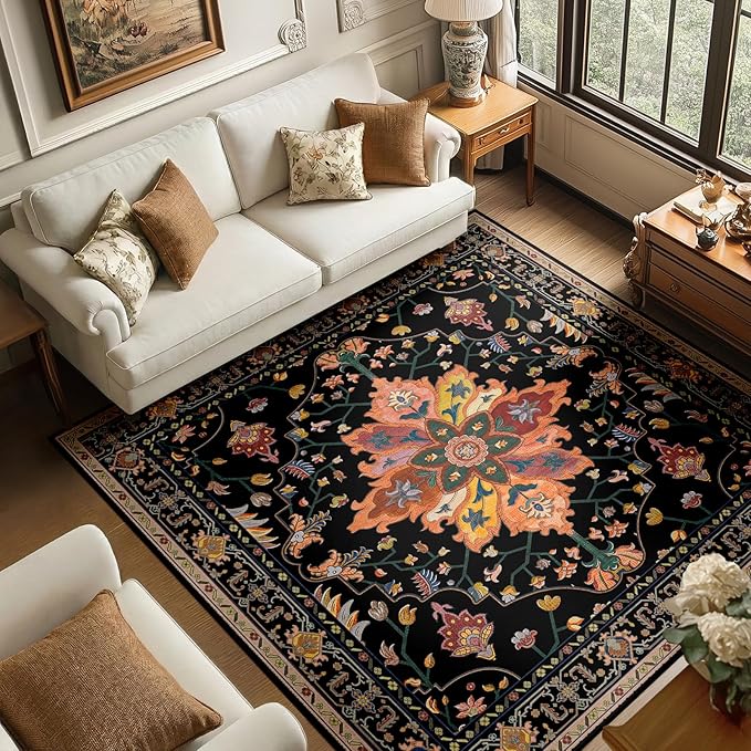 RELEANY Area Rugs Square 6ft Washable Non-Slip, Floral Vintage Distress Print Pattern Medallion Carpet for Living Room Bedroom Dining Room, Black Colorful Floral Dark Tan