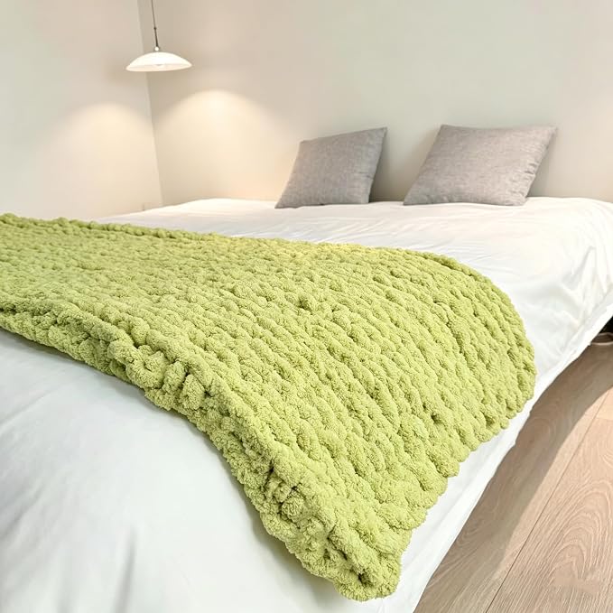 Soft Chunky Knit Throw Blanket for Couch, Cozy Warm Knitted Blankets | Hand Knit with Jumbo Chenille, Lightweight Warm Fluffy Decor for Women, Mom, Her & Girls, Sofa, Chair, Bed, 48"×71"(Green)