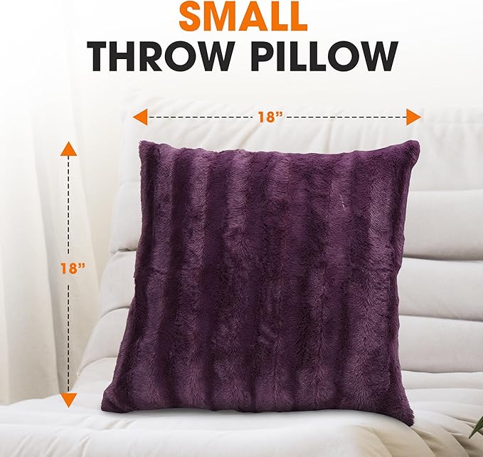 Cheer Collection Faux Fur Throw Pillows - Decorative Pillows for Couch, Bed Throw Pillows, Purple Accent Pillows for Bedroom or Living Room Aesthetic, Set of 2 Furry Throw Pillows, 18”x18”