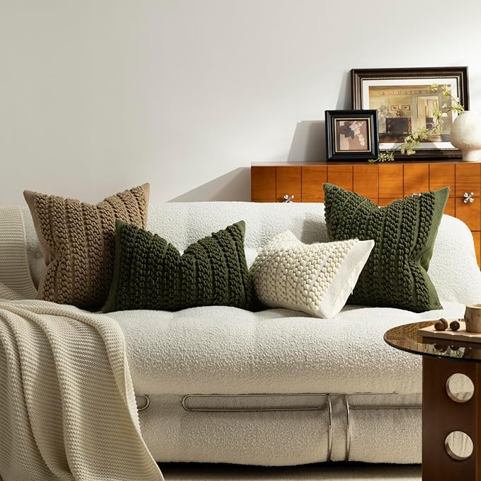 DEZENE Wool Boucle Throw Pillow Cover Premium Chic Accents Square Textured Decorative Pillow Case for Living Room Couch Sofa Home Decor 18"x18" Olive Green Christmas