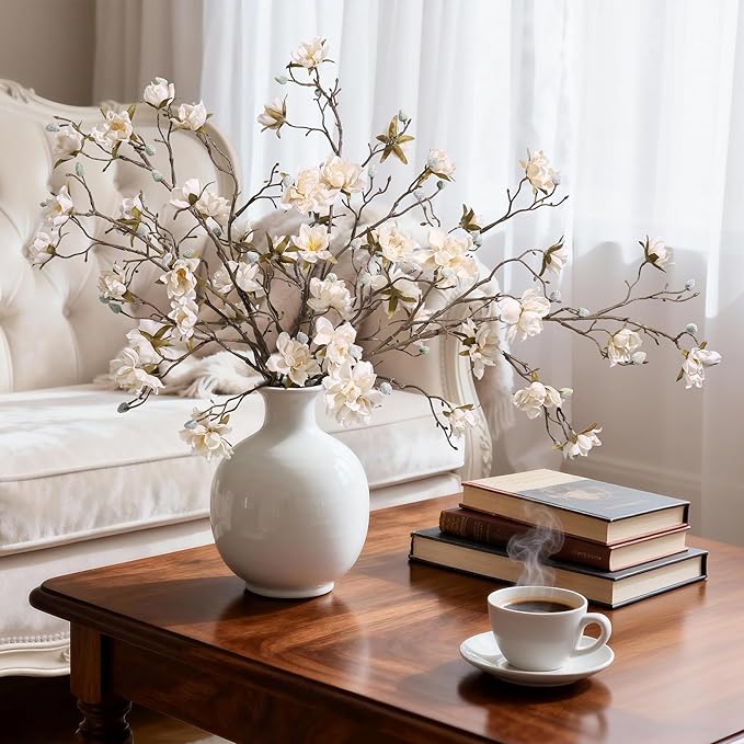 HyeFlora 3PCS Artificial Magnolia Flowers Stems for Spring Decoration, Faux Champagne Magnolia Branches with Buds, 34.5" Long Stems Floral Arrangement for Vase Pot Table Centerpiece Indoor Decor