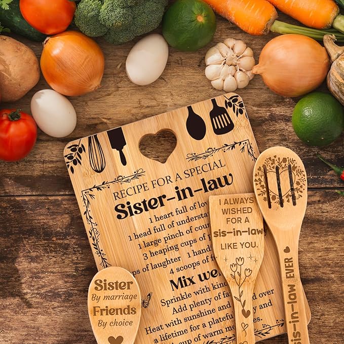 Gifts for Sister in Law - "Recipe for a Special Sister-in-Law", Sister in Law Birthday Gifts Engraved Bamboo-Made Cutting Board Set, Mothers Day Gifts for Sister in Law.