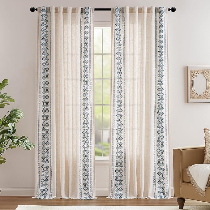 jinchan Boho Curtains Linen Blend Beige Farmhouse Curtains 96 Inches Long for Living Room Blue Square Embroidered Bordered Back Tab Bedroom Window Light Filtering Bohemian Drapes 2 Panels