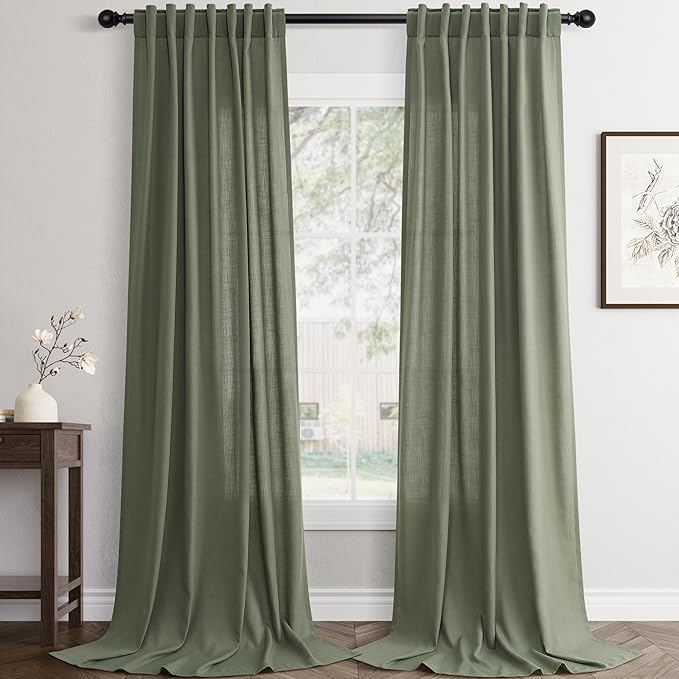 Jowels Loden Green Linen Curtains 84 Inch Long 2 Panels for Living Room | Olive Green Light Filtering Sheer Curtain,Back Tab Pocket Pleated Look, Farmhouse Textured Privacy Drapes for Bedroom Window
