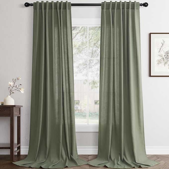 Jowels Loden Green Linen Curtains 96 Inch Long 2 Panels for Living Room | Olive Green Light Filtering Sheer Curtain,Back Tab Pocket Pleated Look, Farmhouse Textured Privacy Drapes for Bedroom Window