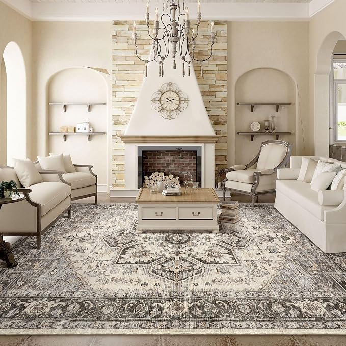 12x18 Area Rugs for Living Room - Large Carpet Ultra Thin Soft Washable Oriental Vintage Floral Distressed Big Indoor Carpets for Bedroom Nursery Dorm Home Decor Aesthetic - Grey Brown