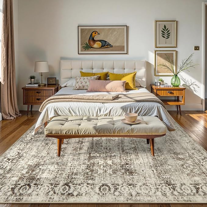 Lahome Margot Washable Rug 6x9 Beige Area Rugs for Living Room,Boho Soft Room Rugs for Bedroom Indoor Carpet,Vintage Non-Slip Low-Pile Accent Rugs Dining Room Office Playroom(6 x 9,Beige)