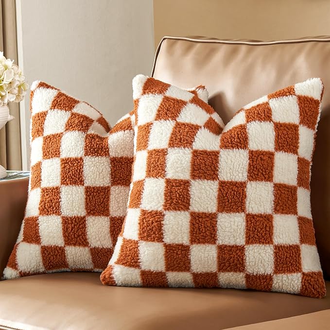 AmHoo Pack of 2 Decorative Throw Pillow Covers Checkerboard Luxury Super Soft Faux Fur Wool Set Case Cushion for Couch Sofa Bedroom 22 x 22-Inch Burnt Orange