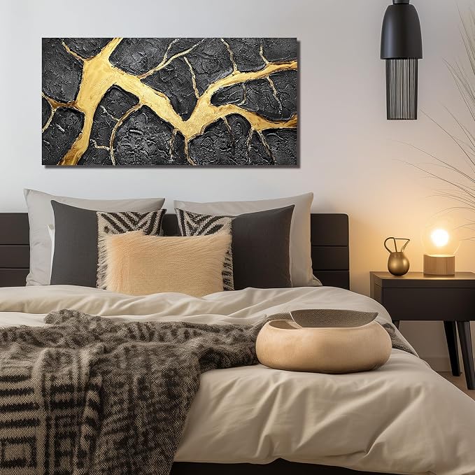DNIEOTU Abstract Wall Art for Living Room, Black and Gold Hand-Painted Canvas Wall-Decor for Bedroom, 3D Textured Paintings, Size 40 x 20 Inches
