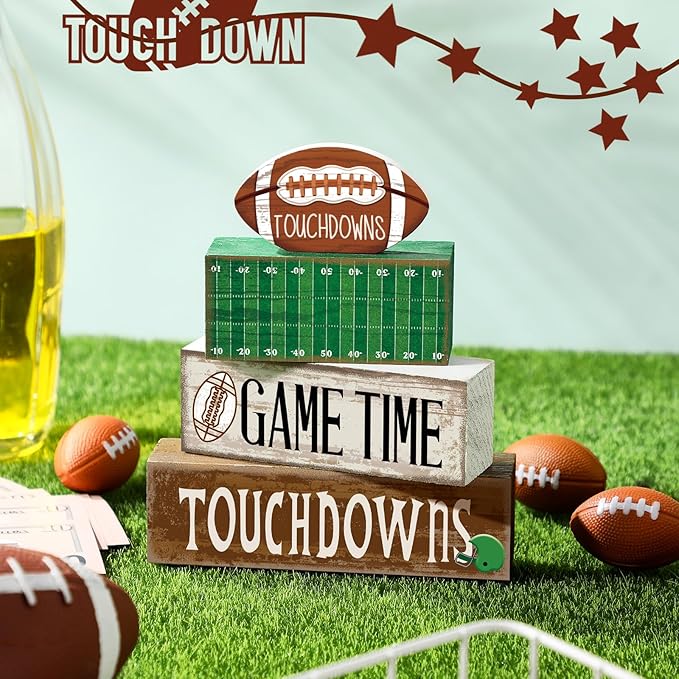 Yuntau 4 Pcs Football Table Decorations Spring Football Tiered Tray Decor Spring Wooden Sign Soccer Centerpiece Decorative Faux Book Stack Block for Coffee Table Fireplace Mantel Floating Shelf