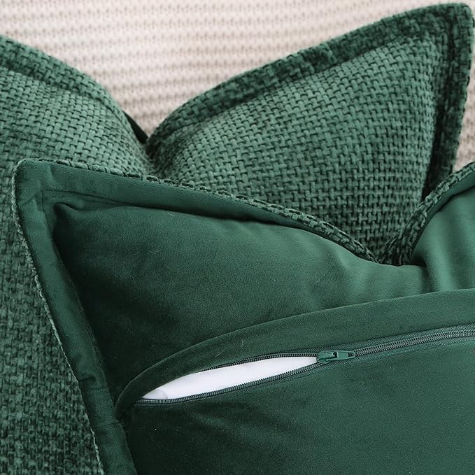 MADIZZ Decorative Chenille Velvet Throw Pillow Covers Set of 2 Soft Boho Textured Neutral Couch Throw Pillow for Bed Modern Farmhouse Home Decor for Sofa Livingroom Dark Green 24x24 Inch Euro Sham