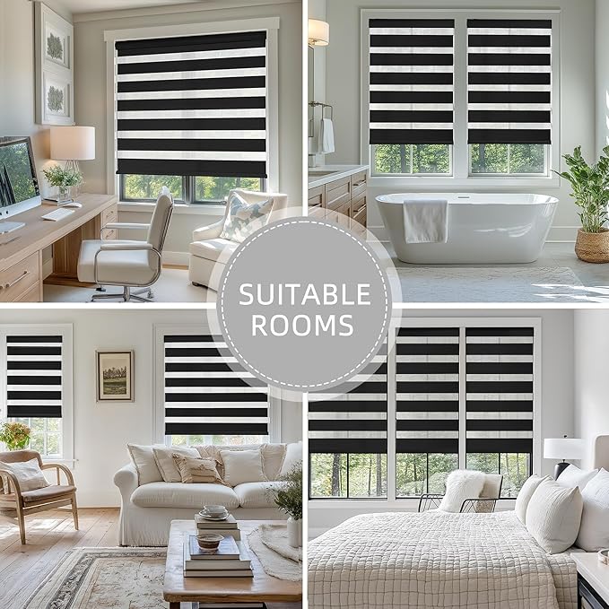 ChrisDowa Cordless Zebra Blinds for Windows, Dual Layer Free-Stop Light Filtering Window Roller Shades, Pull Down Privacy Zebra Shades for Home, Office, Bedroom, Door (35" W x 72" H, Black)
