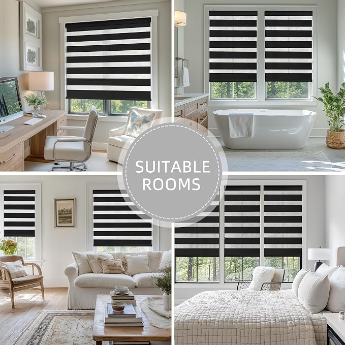 ChrisDowa Cordless Zebra Blinds for Windows, Dual Layer Free-Stop Light Filtering Window Roller Shades, Pull Down Privacy Zebra Shades for Home, Office, Bedroom, Door (47" W x 72" H, Black)