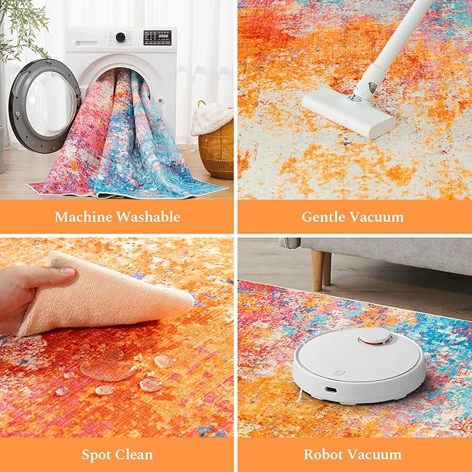 Rugflix 10x14 Area Rugs for Living Room, Washable Large Multicolor Rug Stain-Resistant Low Pile, Modern Carpet for Dining Room Home Office Kid Room Nursery Bedroom, Colorful Rainbow