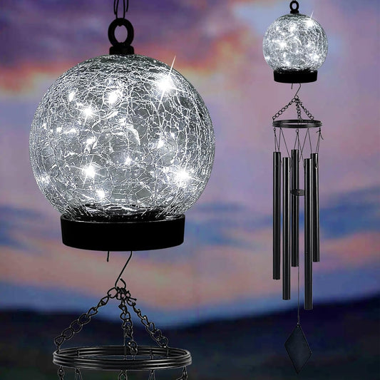 Wind Chimes Outdoor Solar Lights, 42 Inch Large Sympathy Chime 15 Cool White LEDs Crackled Glass Ball Birthday Gifts for Women Decorative Hanging in Garden, Yard, Patio, Landscape