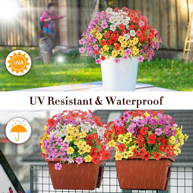 MERIXMAS 24 Bundles Artificial Flowers for Outdoors Decorations, Fake Flowers Artificial Plants Outdoor, Colorful Daisy Eucalyptus Realistic UV Resistant for Garden Patio Porch Home Decor