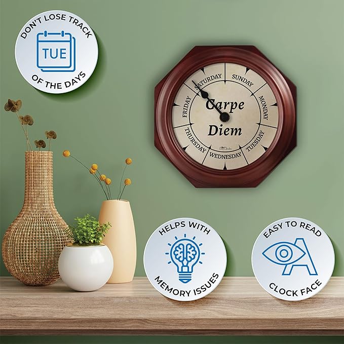 Classic “Carpe Diem” Day of The Week Wall Clock - 10" Solid Mahogany Wood Frame, Ideal Retirement Gift for Men and Women, Day Clock for Seniors and Retirees