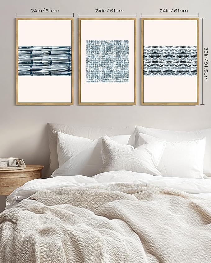 PHOPAGO Blue Abstract Framed Wall Art Large 24x36in Modern Boho Neutral Line Wall Decor Bohemain Minimalist Geometric Artwork Home Decor - Natural Framed