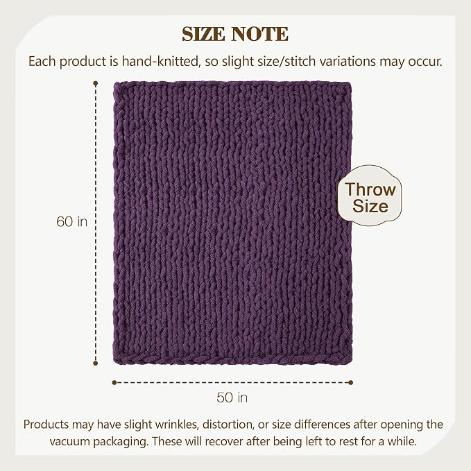 Carriediosa Chunky Knit Throw Blanket 50" X 60", 100% Hand Made Large Chenille Loop Yarn Soft Fluffy Throws for Couch Sofa Bed, Big Crochet Cozy Heavy Thick Cable Woven Blanket, Dark Purple