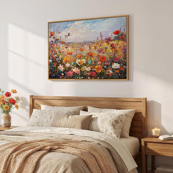Framed Colorful Floral Botanical Wall Art, Flower Landscape Canvas Prints for Modern Farmhouse, Rustic Natural Wildflower Pictures for Living Room Bedroom Dining Room Office Wall Decor, 24x36 Inch