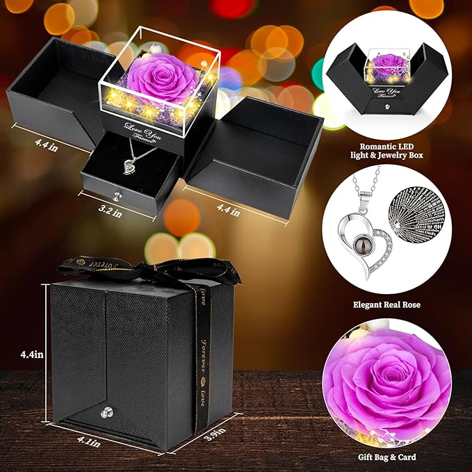 ENERLEAF Preserved Purple Real Rose-Eternal Flowers Rose Gifts for Mom Grandma Wife Girlfriend on Mothers Day Birthday Valentines Christmas Anniversary Romantic Gifts for Her with I Love You Necklace