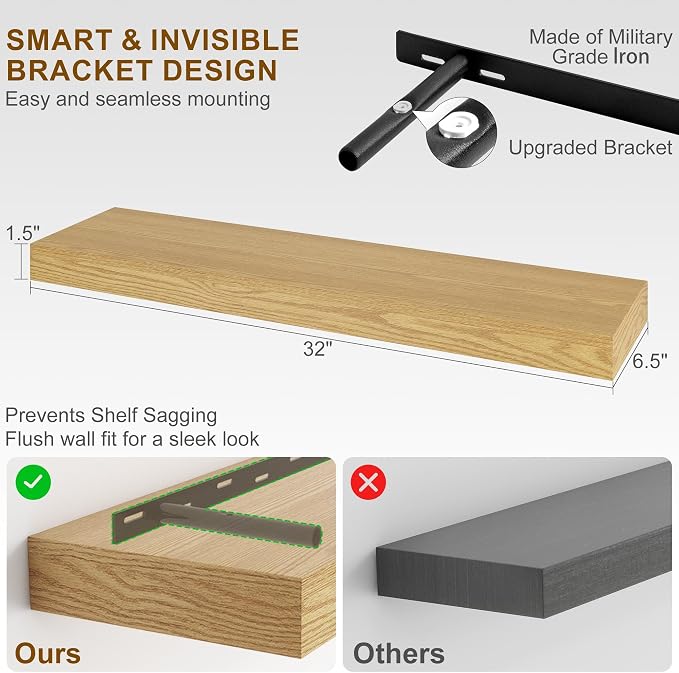 Fun Memories Floating Shelves for Wall, 32Inch Floating Shelves Set of 2, Hanging Shelf with Invisible Brackets, Wood Shelves for Living Room, Bedroom, Kitchen, Oak