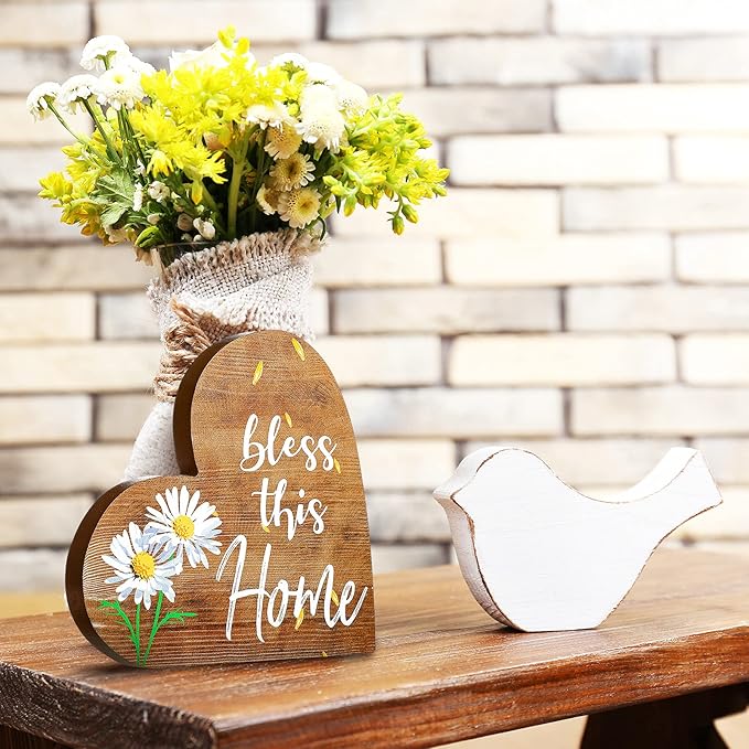 Jetec 2 Pcs Rustic Wooden Heart Table Decor, Daisy Farmhouse Home Decor, Bless This Home & Be Kind Sign for Living Room, Dining Room, Shelf & Mantel, Ideal Housewarming & Birthday Gift(Daisy Style)