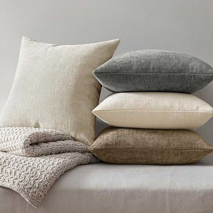 MIULEE Pack of 4 Decorative Throw Pillow Covers 18x18 Inch Neutral Chenille Textured Throw Pillows Boho Farmhouse Accent Cushion Covers for Modern Home Decor Couch Sofa Bed Living Room