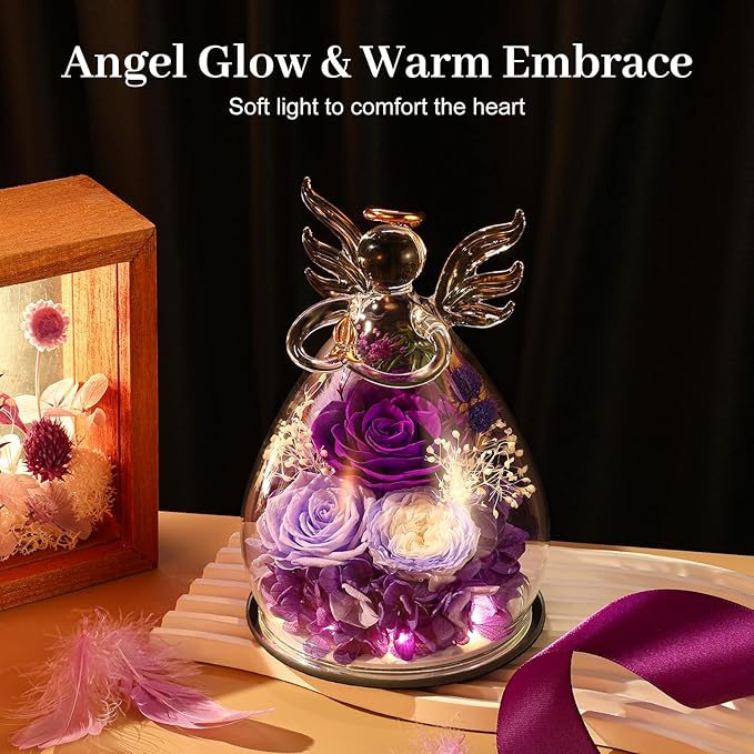 Bessol Gifts for Mom Birthday Flowers for Women Mothers Day Flowers for Delivery Preserved Roses Forever Flower in Glass Angel Figurines Fresh Eternal Rose for Grandma Wife Sister Daughter Friends