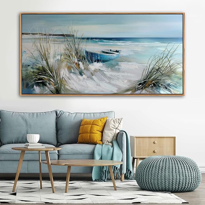 YDYSUNE Large Wall Art Beach Canvas Picture Decor,Blue Coastal Seascape Painting,Boat Landscape Ocean Artwork for Living Room Decoration Framed Size 29x58 Inches