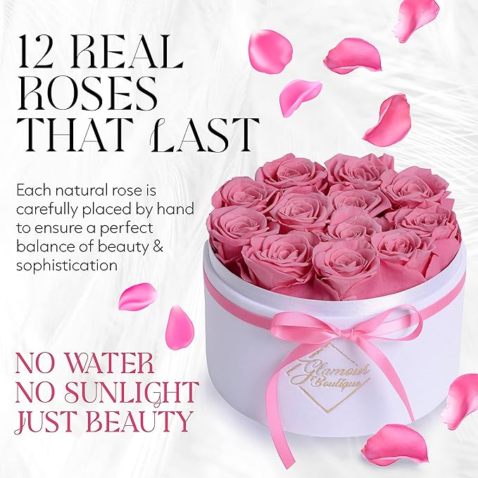 GLAMOUR BOUTIQUE Flower Forever Gift Box, 12 Real Preserved Roses in Round Velvet White Box, Handmade Floral Gift with Rose Petals for Birthday, Anniversary or Graduation, Pink (Color-Treated)