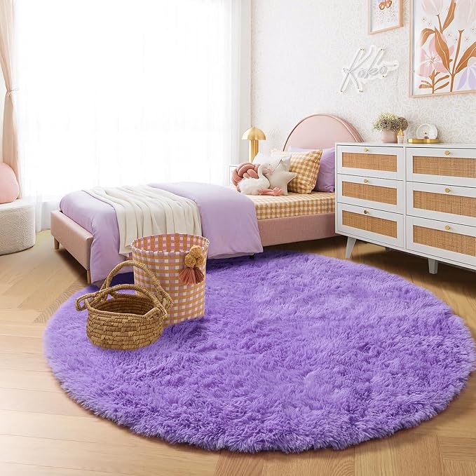 Amdrebio Purple Round Rugs 5Ft for Girls Bedroom Decor Aesthetic, Fluffy Fuzzy Circle Area Rug for Kids Playroom, Cute Furry Shaggy Circular Princess Carpet for Living Room, Baby Nursery, Preppy Dorm