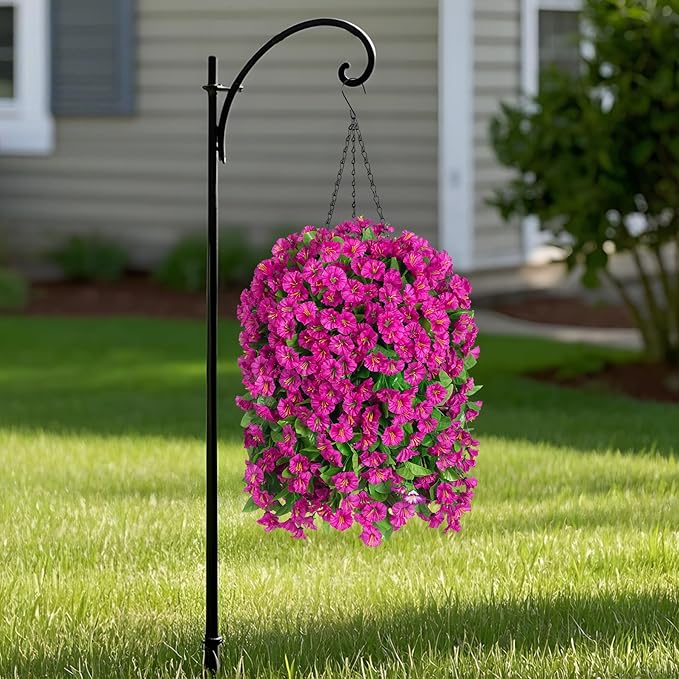 Ammyoo Artificial Faux Hanging Flowers Basket for Spring Summer Outdoor Porch Decoration, Fake Silk Colorful Morning Glory Eucalyptus in Planter UV Resistant for Home Balcony Yard(Red Purple)