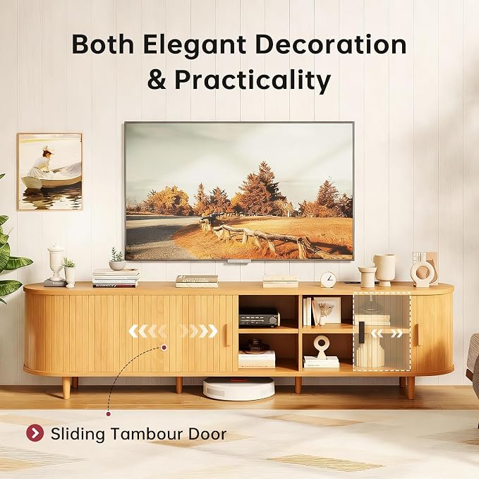 70" Mid Century Modern TV Stand, Wood TV Consoles with Sliding Doors and Power Outlet, Entertainment Center with Adjustable Shelves, Fluted TV Stands for Living Room, Oak