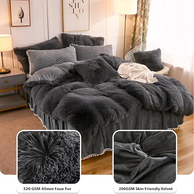 LIFEREVO Luxury Plush Shaggy Duvet Cover Set, Soft Velvet Fluffy Furry Duvet Cover Set(1 Faux Fur Fuzzy Comforter Cover+2 Pom Poms Pillowcases)Solid Bedding Set, Zipper Closure(Full/Queen, Dark Gray)