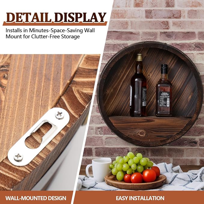Colingmill 17.7 x 5.9 in Whiskey Barrel Shelf Rustic Wall Mounted Bourbon Wooden Floating Hand Wine Rack Oak Barrel Wine Bottle Holder Display Stand Vintage Bar Home Decor(Dark Brown)