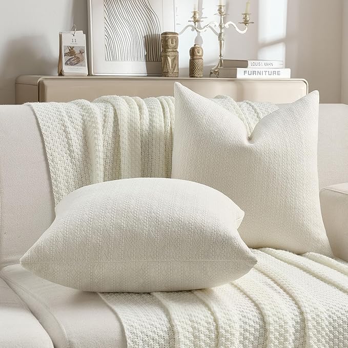 FUTEI Cream Chenille Throw Pillow Covers 16x16 Inch Set of 2,Soft Striped & Diamond Textured Cushion Cases,Modern Home Decor for Couch Living Room