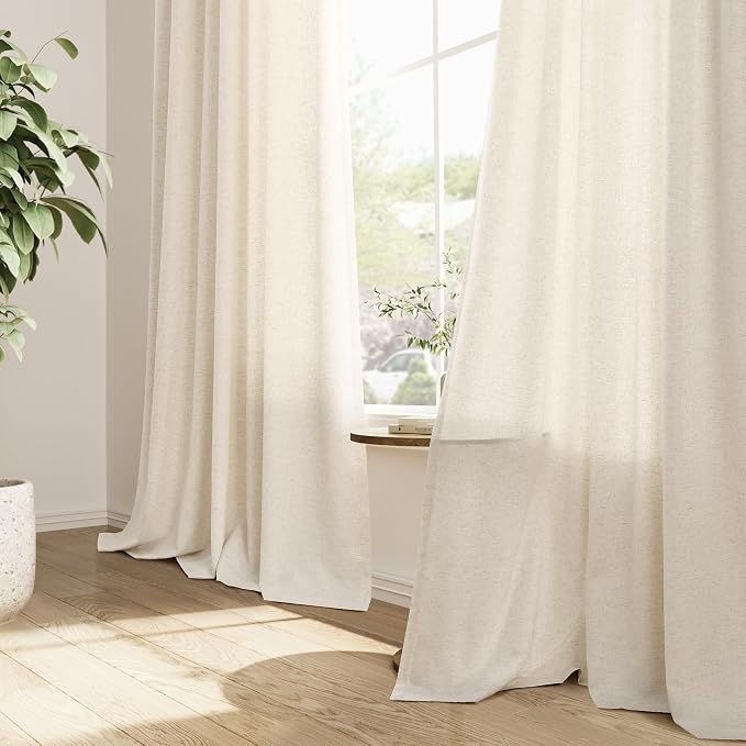 Guken Pinch Pleated Linen Curtains 96 Inch Length 2 Panels for Living Room Bedroom Natural Cream Boho Ceiling to Floor Farmhouse Window Privacy Light Filtering Semi Sheer Drapes Beige Ivory 40x96 8FT