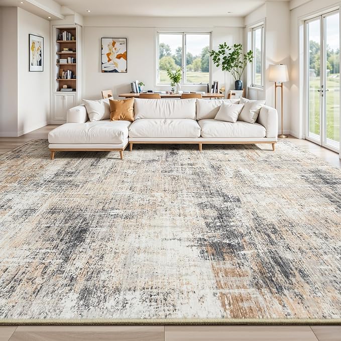 Lofus 10x14 Area Rug for Living Room,Gold Abstract Large Rugs with Non-Slip Backing, Neutral Modern Washable Carpet for Bedroom Dining Room Home Office Nursery Indoor