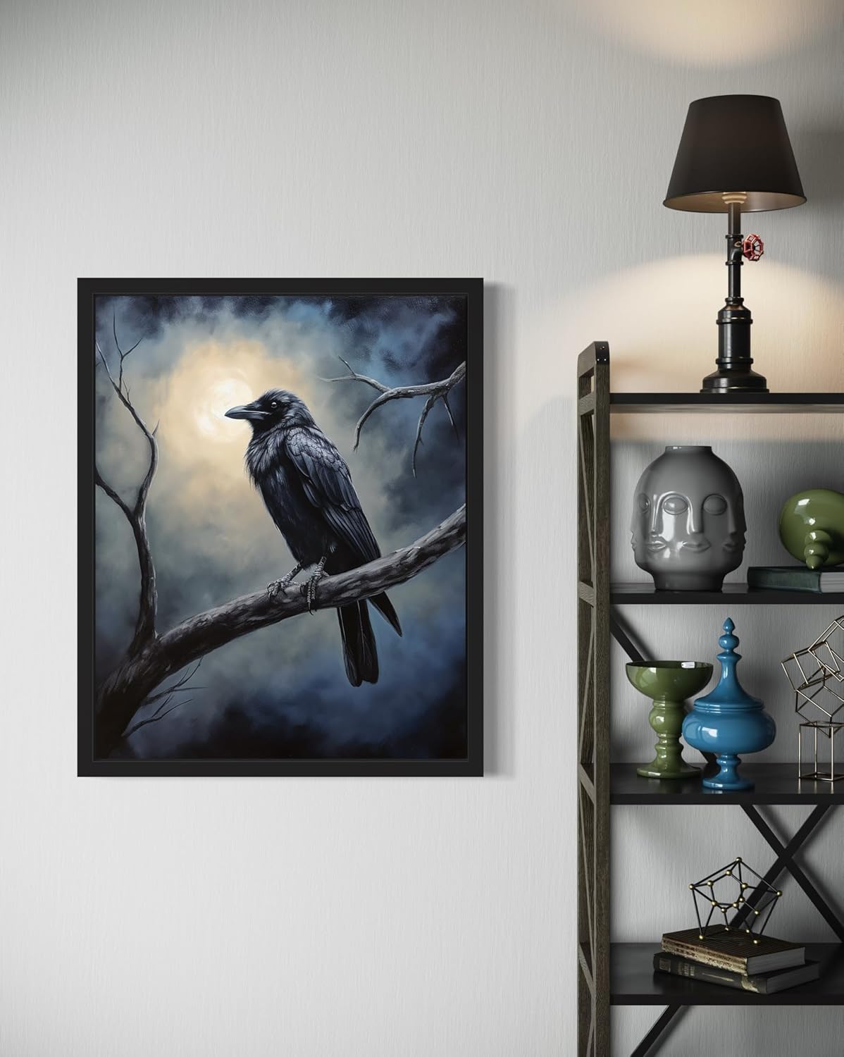 Crow under the Moonlight Poster Art Print, Halloween Scary Vintage Wall Art Academia Spooky Painting Decoration for Horror Prints, Gothic Posters Bedroom Decor 89 (Crow under the Moonlight, 16 x 20 inches, Black Frame)