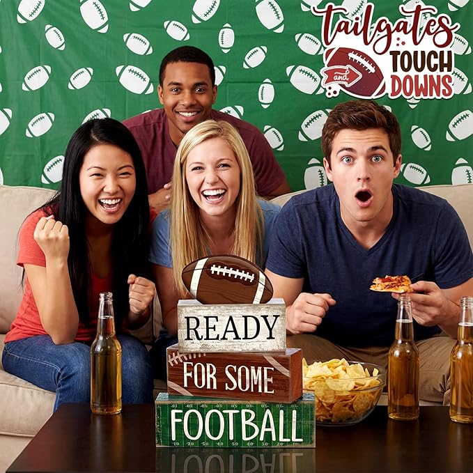 Yuntau 4pcs Football Christmas Table Decoration Happy Football Wooden Block Sign Rugby Tiered Tray Decor Centerpiece Decorative Faux Book Stack for Holiday Tabletop Fireplace Shelf Desk Party Decor