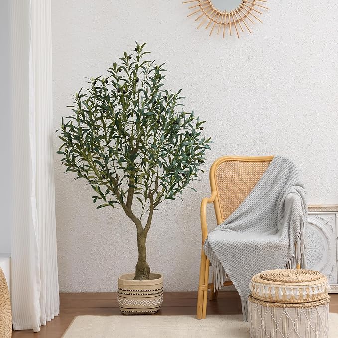 Artificial Olive Tree 5FT Fake Plants Indoor - UV Resistant Faux Olive Tree in Black Pot, Outdoor Tall Faux Silk Tree - Fake Trees for Modern Home Decor,Living Room, Office, Patio, Balcony, VN154