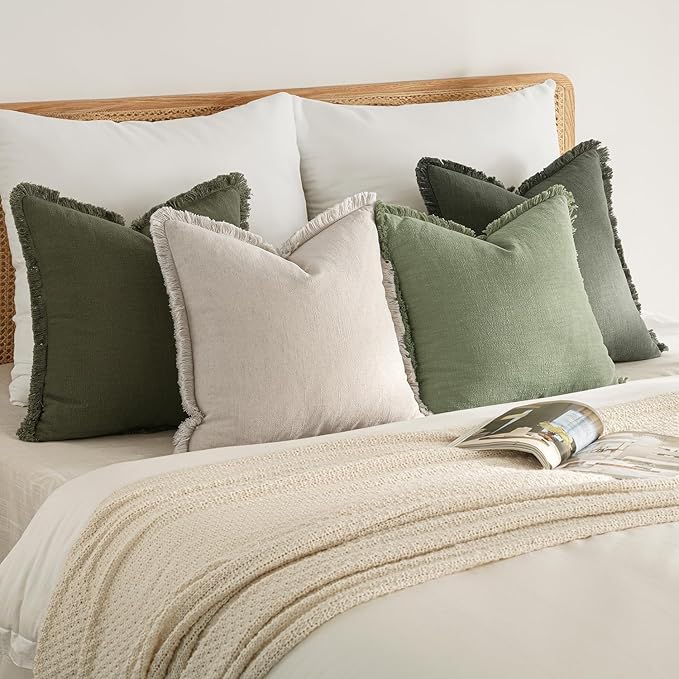 MIULEE Decorative Couch Pillow Covers Neutral Linen Fringe Throw Pillows Set of 4 Boho Farmhouse Soft Accent Cushions for Bed Sofa Living Room Spring Home Decor 22x22 Inch Beige/Sage Green